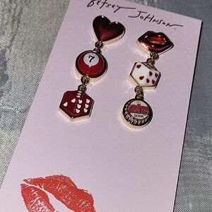 Betsey Johnson Pop Top Lips Heart Dice Pool Ball  Red and Gold Earrings